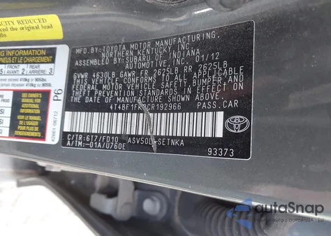 2012 Toyota Camry Le z USA, uszkodzony, nr VIN 4T4BF1FK8CR192966